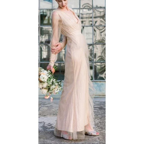 Long Sleeve Plunge Neckline Formal Gown - Nude/Glitter - M - Picture 3 of 16